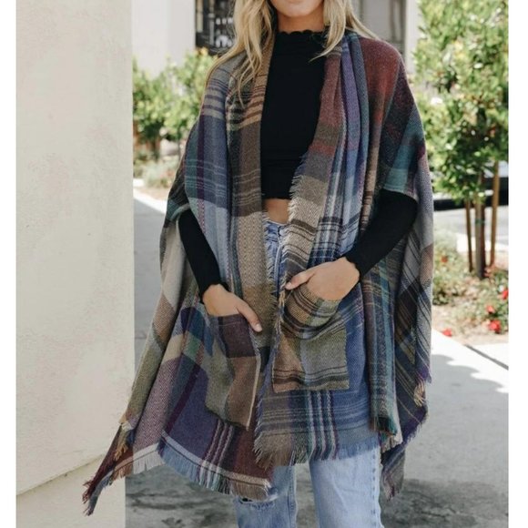 Multicolor Plaid Pocket Ruana Shawl Wrap Frayed Edges Camel Blue+ Boho 1 Size - Picture 1 of 4